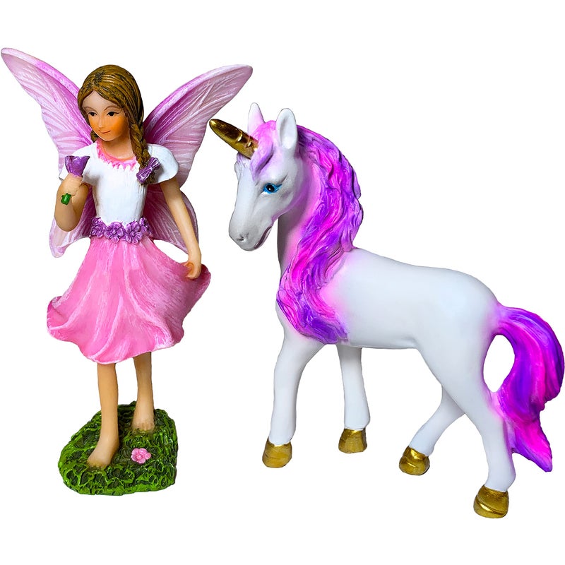 Mood Lab Fairy Garden - مجموعة الجنية مع يونيكورن المكونة من قطعتين - مجموعة تماثيل مصغرة - ديكور خارجي أو منزلي - Image 1